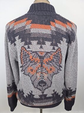 Urban Outfitters Aztec Wolf Knit Cardigan Sweater Grey Orange Men’s M